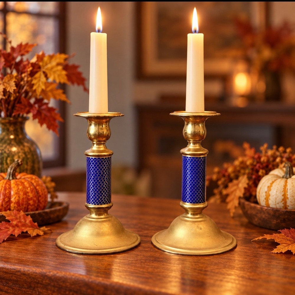 Hollywood Regency Brass Candlesticks Blue Enamel Fish Scale Motif Pair 6.5" MCM